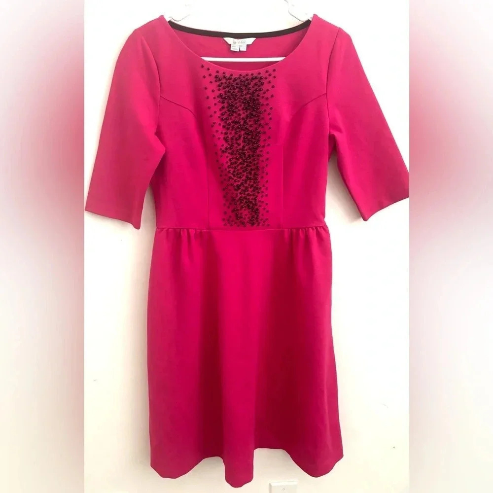 Boden Pink Fuchsia Beaded 3/4 Sleeves A-Line Scoop Neck Isabella Dress 6R